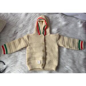 Vintage Baby Hooded Sweater Size 12 Mo. Cream Knit 100% Acrylic Fiber Made In U.